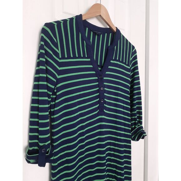 Y2K Tommy Hilfiger Green Navy Striped V-Neck Fitted Midi Sweater Dress S/P - Picture 6 of 11